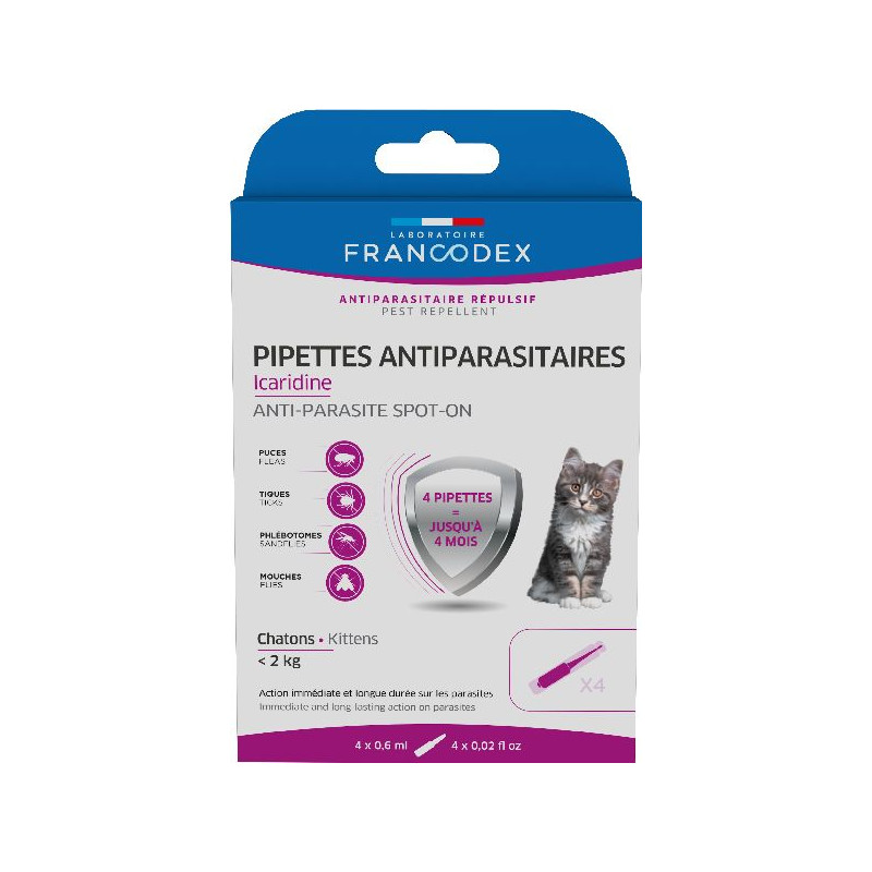 Pipette icaridine chaton 0.6ml de Francodex - anti puce et soin pour chien et chat dans Puces et tiques pour chats