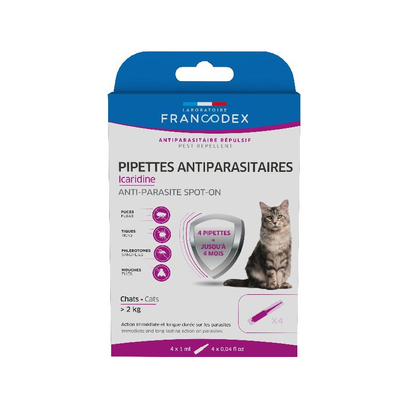 Pipette icaridine chat 1ml de Francodex - anti puce et soin pour chien et chat dans Puces et tiques pour chats