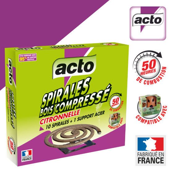 Spirales bois compressé citronnelle x10 +support de Acto dans 🦟 Produits Moustiques