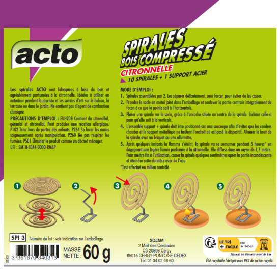 Spirales bois compressé citronnelle x10 +support de Acto dans 🦟 Produits Moustiques