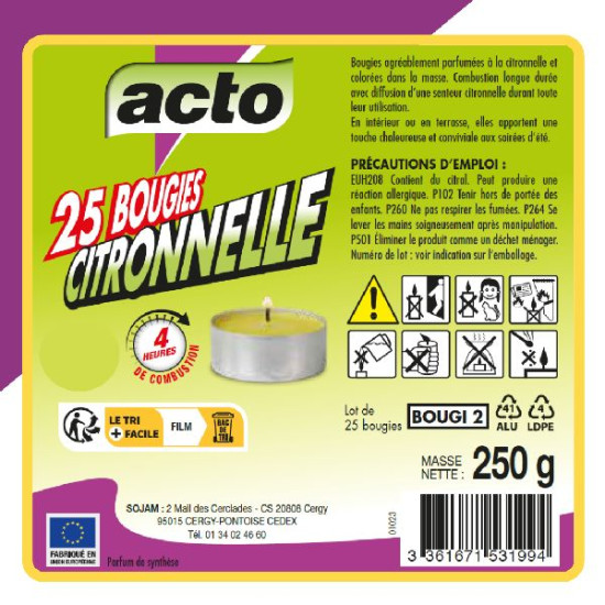 Mini bougies citronnelle 25 bougies 4 h de Acto dans 🦟 Produits Moustiques