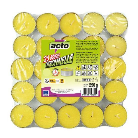 Mini bougies citronnelle 25 bougies 4 h de Acto dans 🦟 Produits Moustiques