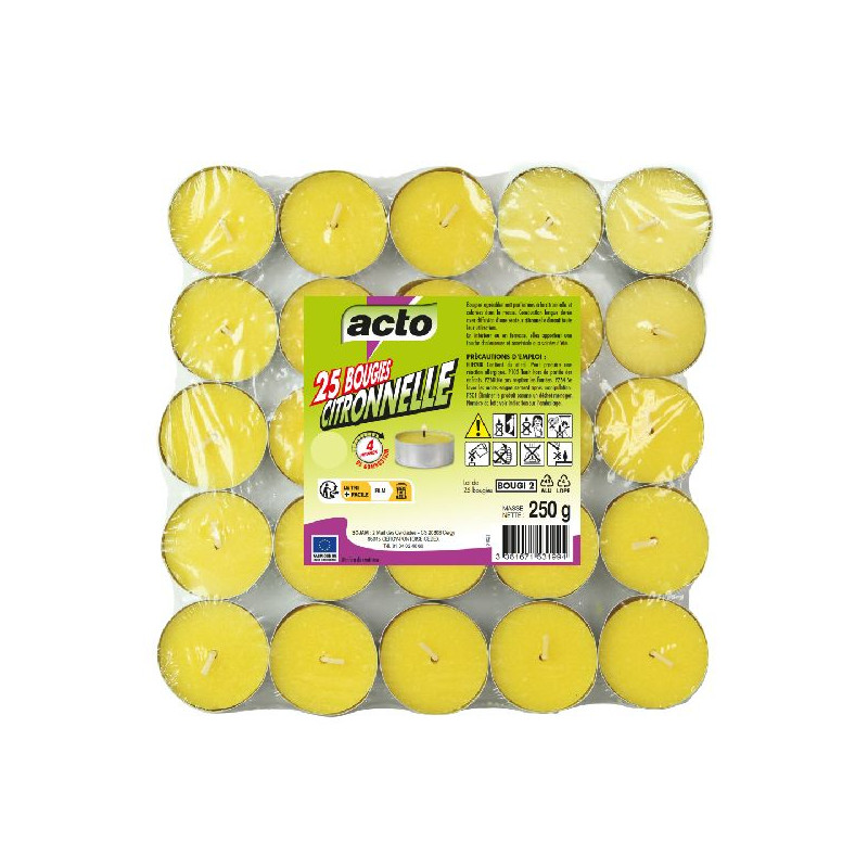 Mini bougies citronnelle 25 bougies 4 h de Acto dans 🦟 Produits Moustiques
