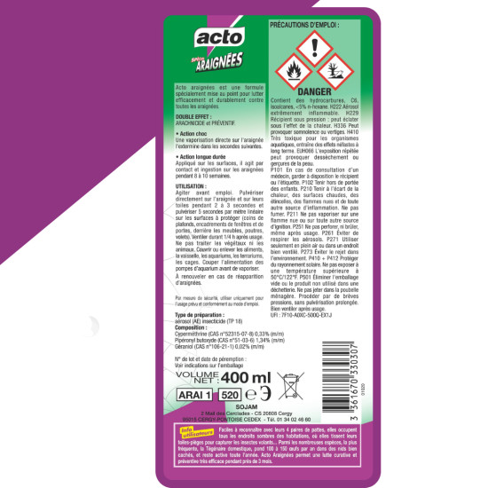 Aérosol araignées aérosol longue portée 400 ml de Acto dans 🕷🪰Produits anti Insectes volants et rampants