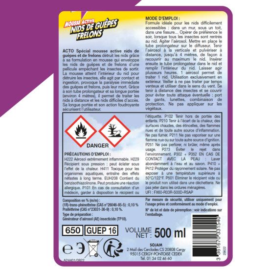 Aérosol mousse nid guêpes frelons 4 m - 500 ml de Acto dans 🐝 Produits anti Guêpes et frelons
