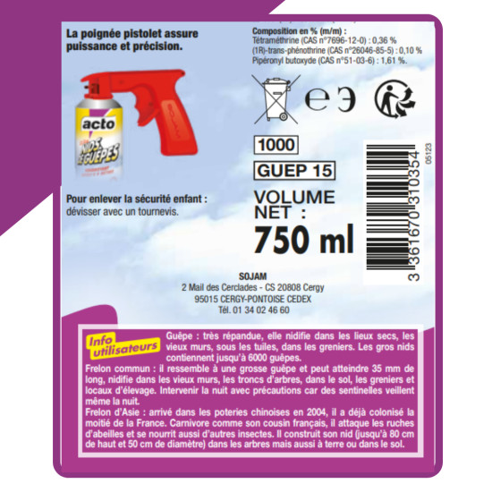 Aérosol nids guêpes - frelons portée 8 m 750 ml de Acto dans 🐝 Produits anti Guêpes et frelons