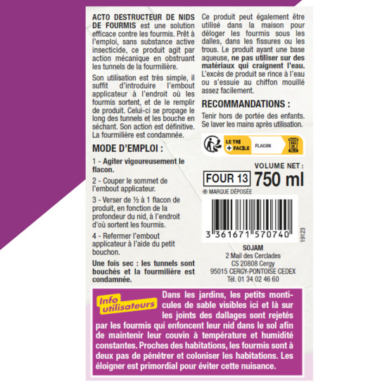 Destructeur nids de foumis 750 ml de Acto dans 🐜 Produits anti Fourmis