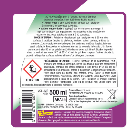 Pulvérisateur anti-araignées 500 ml - élimination efficace des araignées de Acto dans 🕷🪰Produits anti Insectes volants et ram...