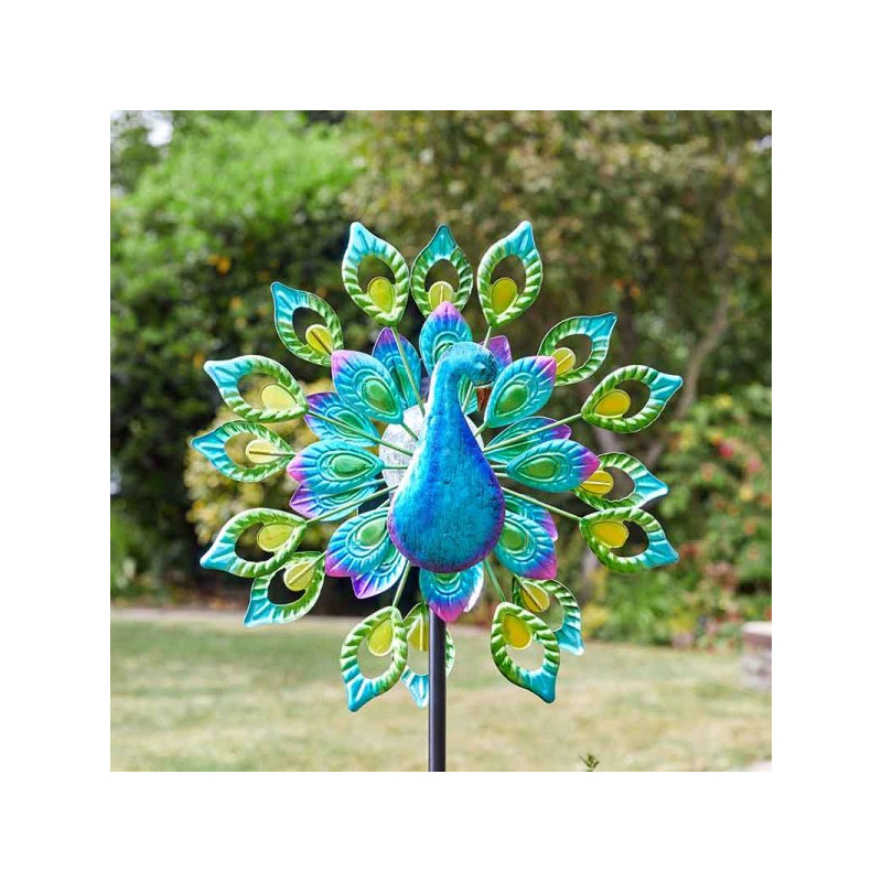 Paon Solaire Cinétique Pour Jardin - Décoration éolienne Avec Lumières LED, étanche IP65 - Métal Et Verre