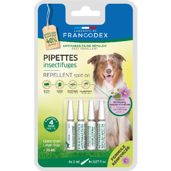 Pipette puce/tique insectifuge grand chien 4x2ml de Francodex - anti puce et soin pour chien et chat dans Puces et tiques pou...