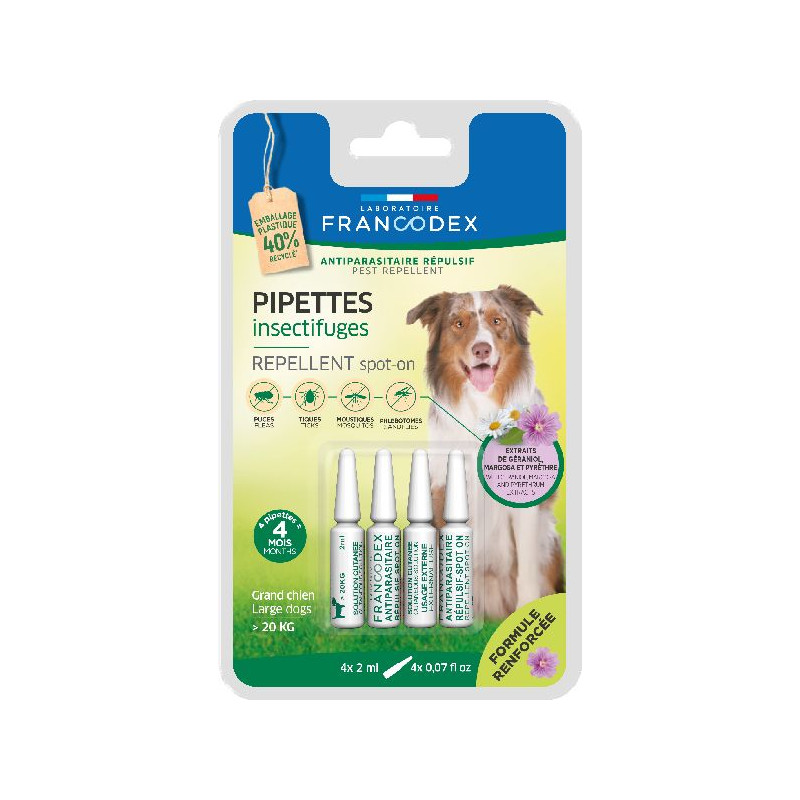 Pipette puce/tique insectifuge grand chien 4x2ml de Francodex - anti puce et soin pour chien et chat dans Puces et tiques pou...