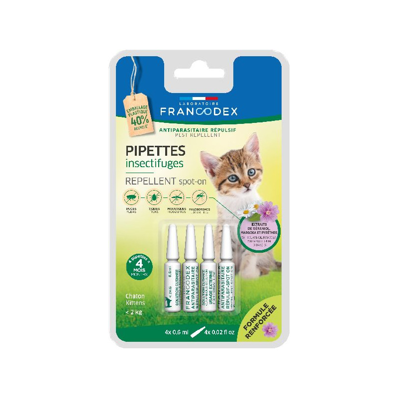 Pipette puce/tique insectifuge chaton 4x0.6ml de Francodex - anti puce et soin pour chien et chat dans Puces et tiques pour c...