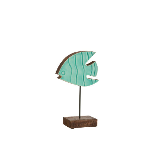 Poisson socle bois de manguier azur s 10x9x43 de J-Line by Jolipa - Déco intérieur dans Sculpture et sujet