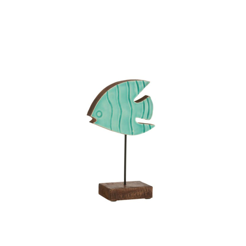 Poisson socle bois de manguier azur s 10x9x43 de J-Line by Jolipa - Déco intérieur dans Sculpture et sujet