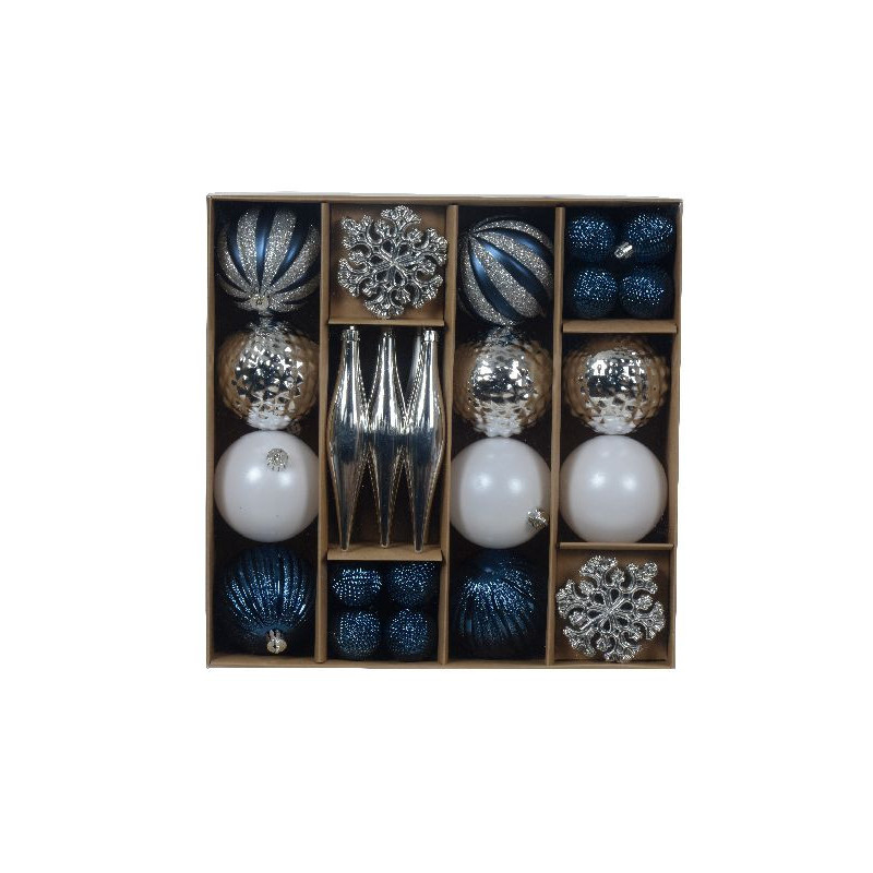 Boite mix bleu nuit/blanc hiver/argent x46 de Déco de Noël - Jardinerie Bordeaux et Libourne dans 🎄Déco de sapin