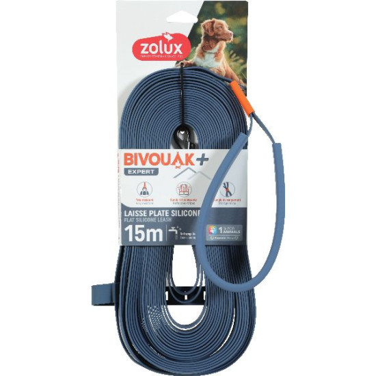 Longe plate silicone bleu 15m bivouak de Zolux - Produit pour animaux dans Laisses pour chien