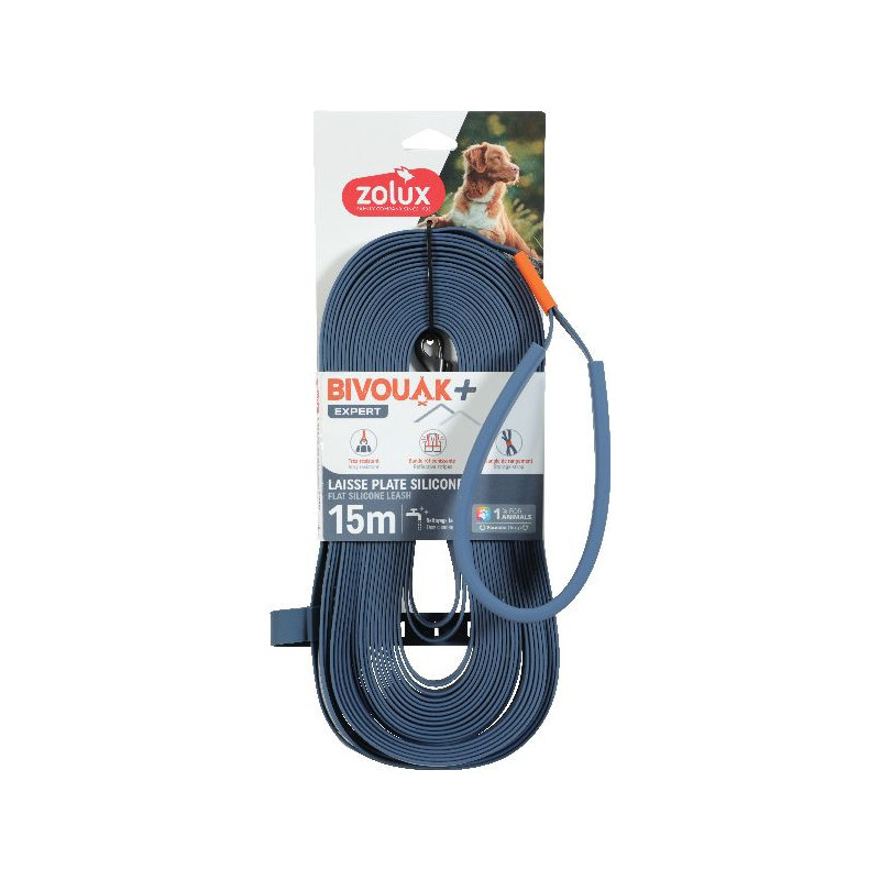Longe plate silicone bleu 15m bivouak de Zolux - Produit pour animaux dans Laisses pour chien