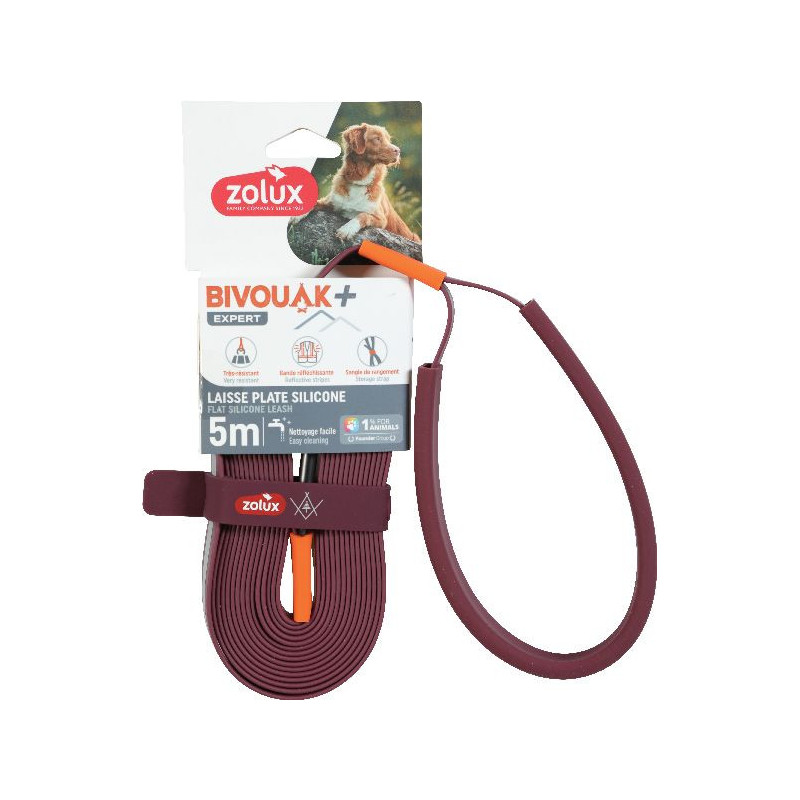 Longe plate silicone rouge 5m bivouak de Zolux - Produit pour animaux dans Laisses pour chien