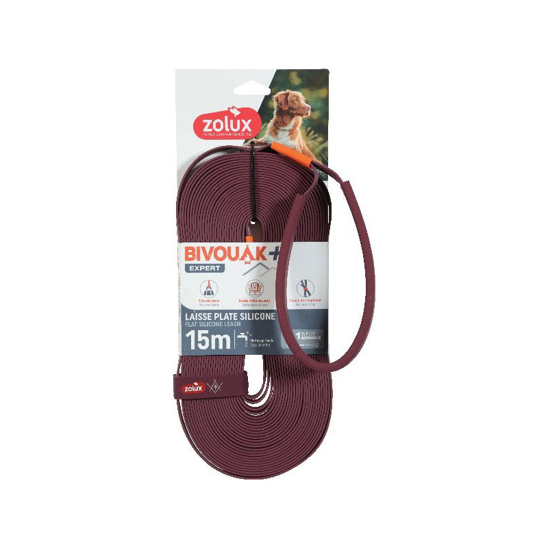 Longe plate silicone rouge 15m bivouak de Zolux - Produit pour animaux dans Laisses pour chien