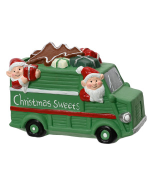 /Tirelire elfes d/camion vert/couleur 12cm de Déco de Noël - Jardinerie Bordeaux et Libourne dans 🏘️Villages miniatures