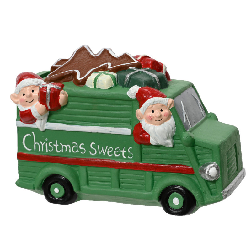 /Tirelire elfes d/camion vert/couleur 12cm de Déco de Noël - Jardinerie Bordeaux et Libourne dans 🏘️Villages miniatures