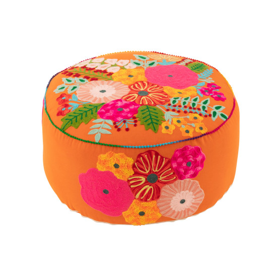 Pouf rond motif fleur brodé orange (50x50x35cm) de J-Line by Jolipa - Déco intérieur dans Chaise, fauteuil et pouf