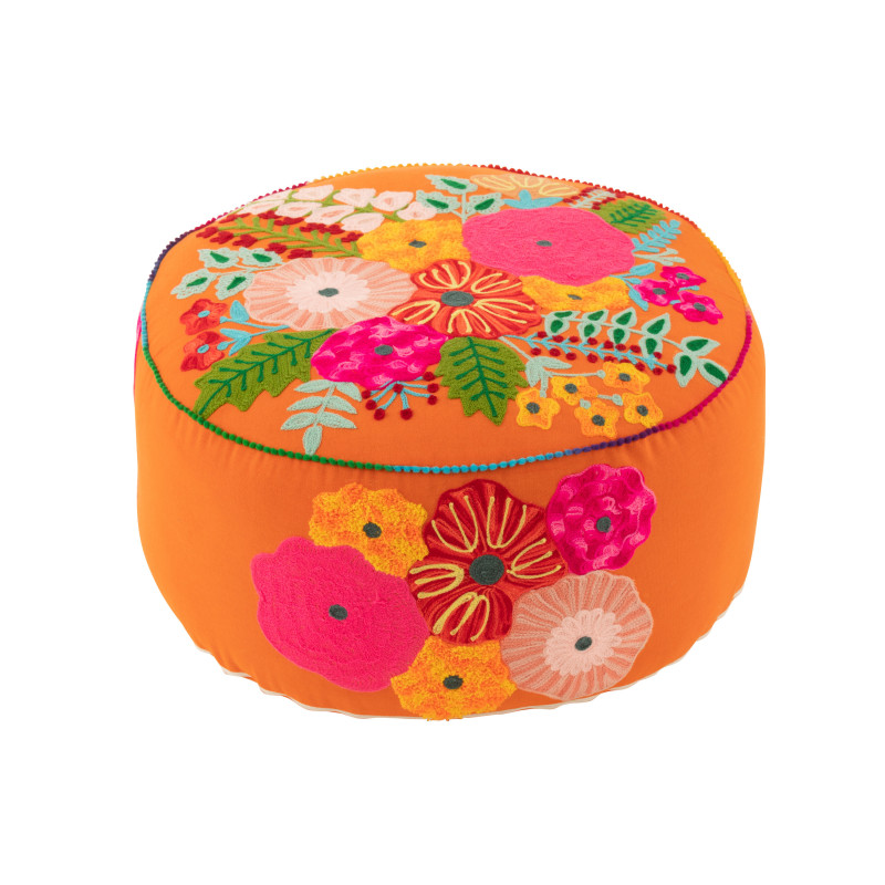 Pouf rond motif fleur brodé orange (50x50x35cm) de J-Line by Jolipa - Déco intérieur dans Chaise, fauteuil et pouf
