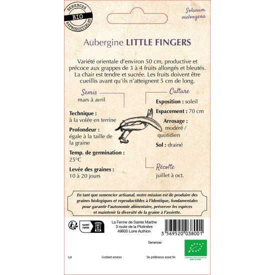 Aubergine little fingers bio -ferme sainte marth de La Ferme de Sainte Marthe - Graines BIO dans Graines de Aubergine