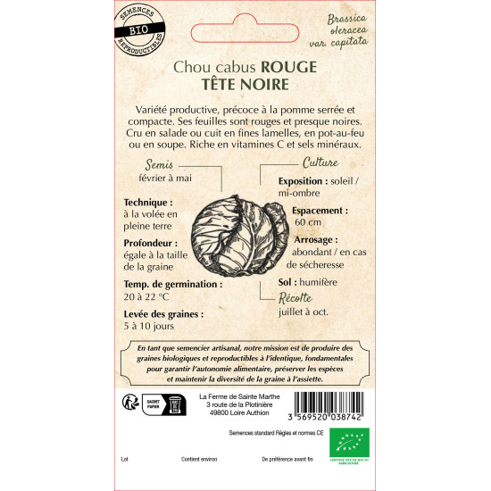 Chou cabus rouge tete noire 3 bio - sainte marth de La Ferme de Sainte Marthe - Graines BIO dans Graines de Chou