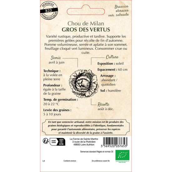 Chou milan gros des vertus bio - sainte marthe de La Ferme de Sainte Marthe - Graines BIO dans Graines de Chou