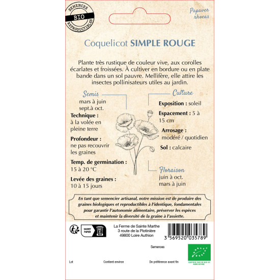 Coquelicot simple rouge bio -ferme sainte marthe de La Ferme de Sainte Marthe - Graines BIO dans Graines de fleurs en C