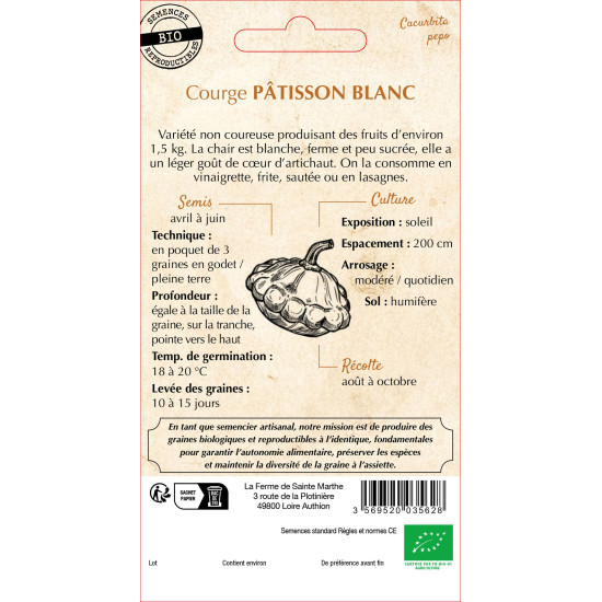 Courgette patisson blanc bio -ferme sainte marth de La Ferme de Sainte Marthe - Graines BIO dans Graines de Courgette - Courge