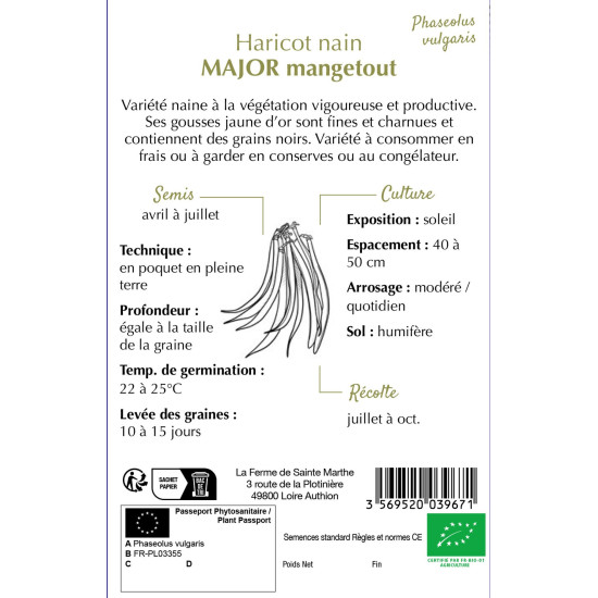 Haricot nain beurre major bio 80g - sainte marth de La Ferme de Sainte Marthe - Graines BIO dans Graines de Haricot