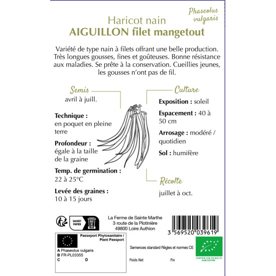 Haricot nain filet aiguillon bio - sainte marthe de La Ferme de Sainte Marthe - Graines BIO dans Graines de Haricot