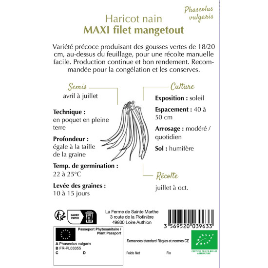 Haricot nain filet maxi bio -ferme sainte marthe de La Ferme de Sainte Marthe - Graines BIO dans Graines de Haricot