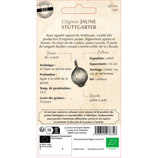 Oignon stuttgarter bio - ferme sainte marthe de La Ferme de Sainte Marthe - Graines BIO dans Oignon - Ail - echalote à semer