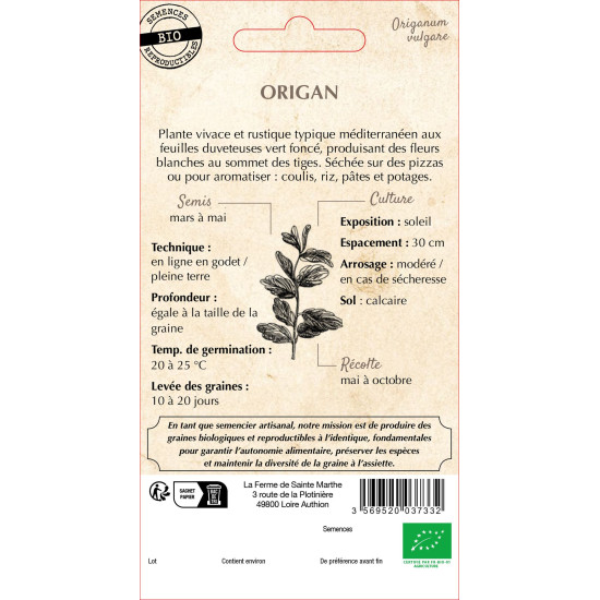 Origan bio - ferme sainte marthe de La Ferme de Sainte Marthe - Graines BIO dans Graines d'autres aromatiques