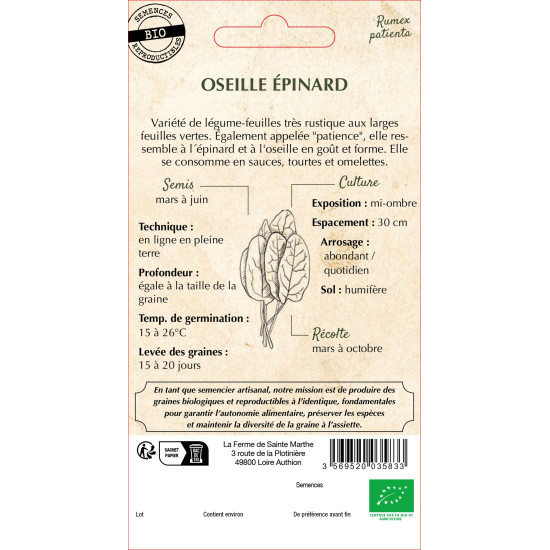Oseille epinard bio - ferme sainte marthe de La Ferme de Sainte Marthe - Graines BIO dans Graines de Salade - Laitue