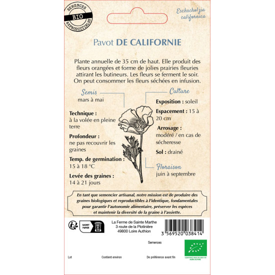 Pavot de californie orange bio - sainte marthe de La Ferme de Sainte Marthe - Graines BIO dans Graines de fleurs en P