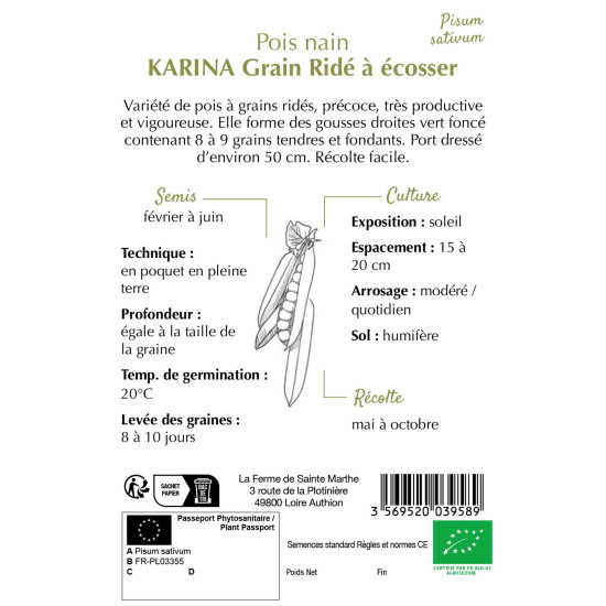 Pois nain grain ride karina bio - sainte marthe de La Ferme de Sainte Marthe - Graines BIO dans Graines de Pois