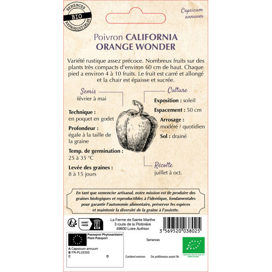 Poivron california orang wonder -sainte marthe de La Ferme de Sainte Marthe - Graines BIO dans Graines de Poivron