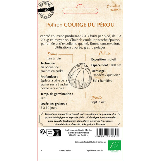 Potiron courge du perou bio -ferme sainte marthe de La Ferme de Sainte Marthe - Graines BIO dans Graines de Potiron - Citrouille