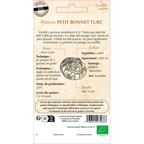 Potiron petit bonnet turc bio - sainte marthe de La Ferme de Sainte Marthe - Graines BIO dans Graines de Potiron - Citrouille