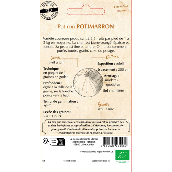 Potiron potimarron bio - ferme sainte marthe de La Ferme de Sainte Marthe - Graines BIO dans Graines de Potiron - Citrouille
