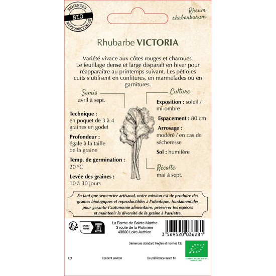 Rhubarbe geante victoria bio -ferme sainte marth de La Ferme de Sainte Marthe - Graines BIO dans Graines de légumes feuilles ...