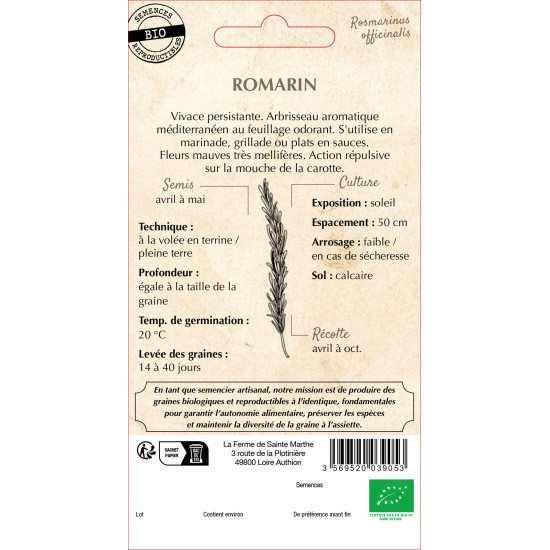 Romarin bio - ferme sainte marthe de La Ferme de Sainte Marthe - Graines BIO dans Graines de Romarin