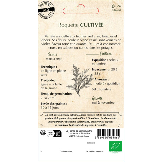 Roquette cultivee bio - ferme sainte marthe de La Ferme de Sainte Marthe - Graines BIO dans Graines de Roquette