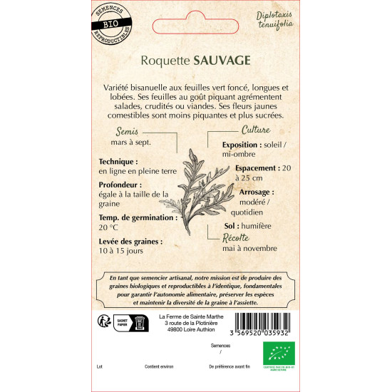 Roquette sauvage bio - ferme sainte marthe de La Ferme de Sainte Marthe - Graines BIO dans Graines de Roquette