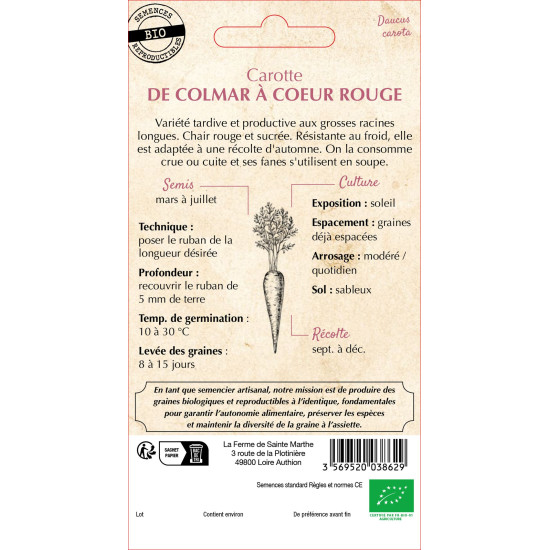 Ruban carotte de colmar a c. 2 bio -sainte marth de La Ferme de Sainte Marthe - Graines BIO dans Graines de Carotte