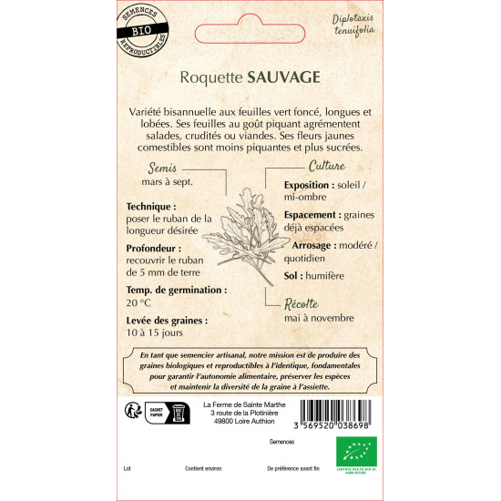 Ruban roquette sauvage bio - ferme sainte marthe de La Ferme de Sainte Marthe - Graines BIO dans Graines de Roquette